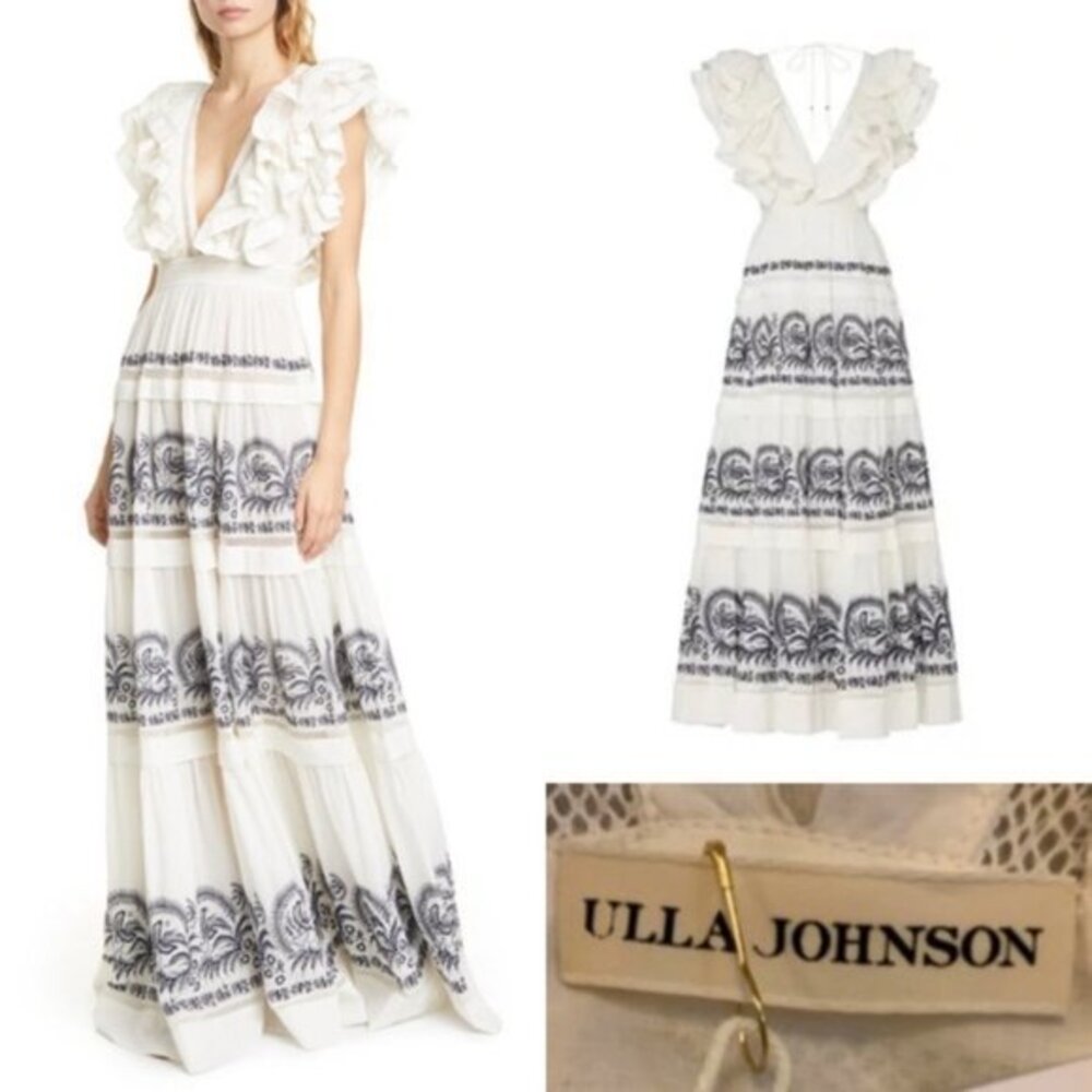 ULLA JOHNSON Marjorie Embroidered Tier Cotton Maxi Dress in Size 6